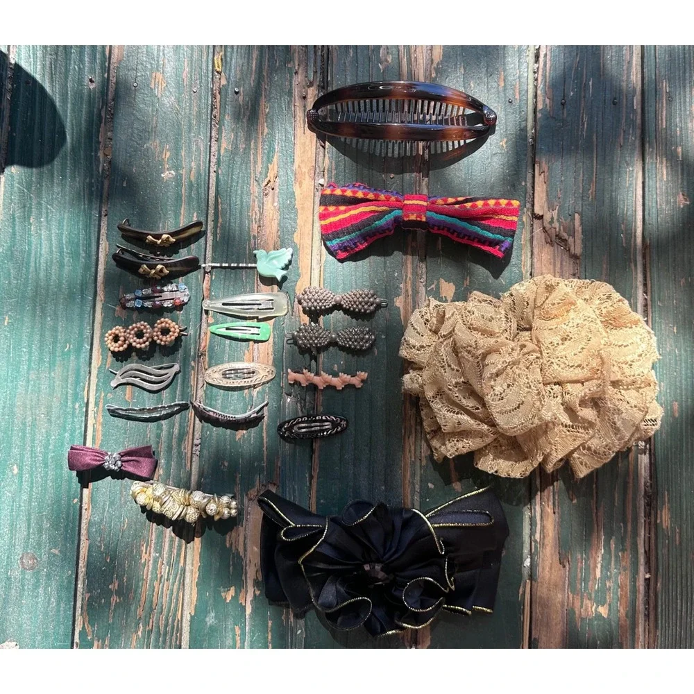 Vintage Hair Accessory Lot Scrunchie Banana Clip Bow Barrettes Bobby Pins 18pc